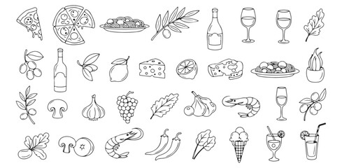 Culinary Delights Pizza Pasta Wine More Italian Feast Fresh Seafood Garden Veggies Fruit Dessert Food Icons Collection