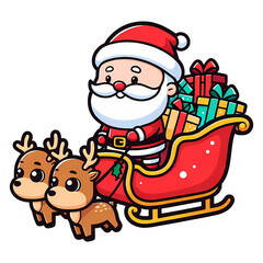 Santa Claus Riding Sleigh with Two Reindeers and Gifts – Cute Christmas Illustration

