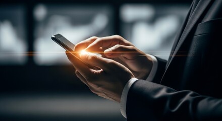 Professional man in suit using smartphone for business communication, staying connected with modern technology for success and efficiency at work