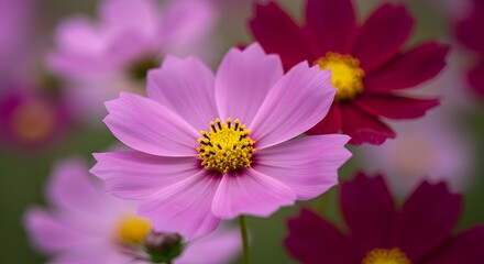 Obraz premium A vibrant close-up of a pink cosmos flower with a bright yellow center, surrounded by other soft-focused blooms. This image captures the intricate beauty and cheerful essence of nature.