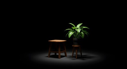 A wooden stool and a potted plant are softly illuminated by a subtle light against a dark background, creating a calm and minimalist tableau. Ideal for quiet contemplation or subtle branding.