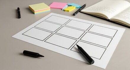 Blank storyboard template with creative tools for visual planning and project development.