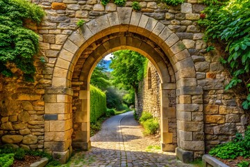 Fototapeta premium Ancient Stone Archway Leading to a Lush Garden Path