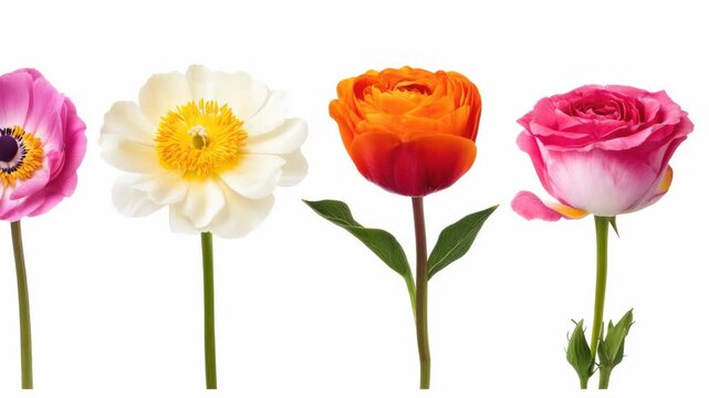 Set of six flowers, each with different color and type, arranged in a straight line.