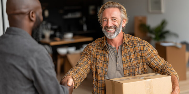 Smiling man handing a box to his friend in modern home setting   - Powered by Adobe