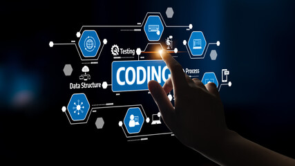 Fototapeta premium A modern coding interface showcasing touch interaction, with illustrations of data structures, testing, and software processes set against a dark background. Tessel