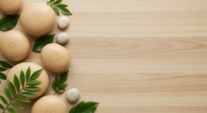 An elegant flat lay composition featuring an assortment of smooth wooden and stone pebbles alongside lush green leaves, all arranged on a light wooden background. Ideal for themes of nature, wellness,