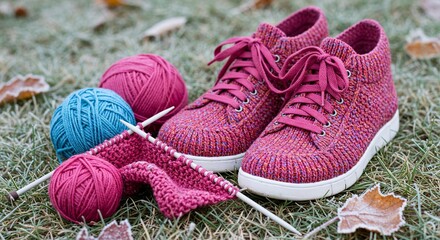 Knitted pink sneakers beside yarn balls and needles on autumn grass  