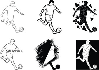 Soccer player vector illustration, stylized football action poses, geometric sports design, silhouette athlete kicking ball, dynamic sketch art, polygon artwork