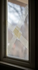 Broken window with tape repair in residential setting  