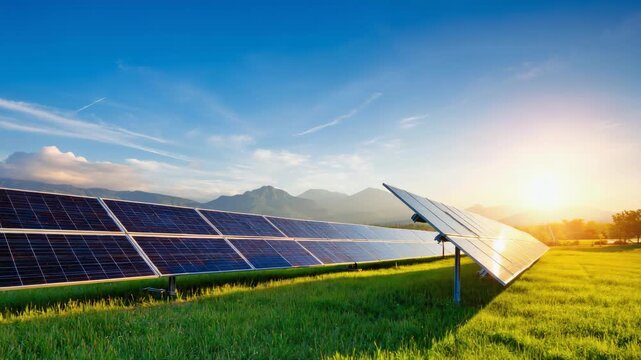 voltaic panels on a farm at sunrise.