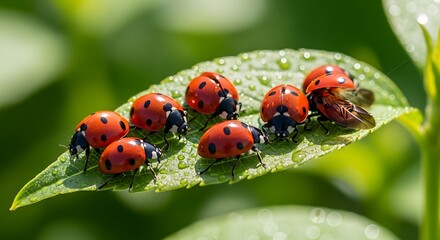 Obraz premium Ladybugs Gathering on a Green Leaf, Natures Tiny Wonders.