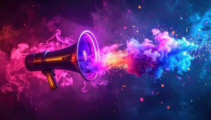 A detailed digital illustration presents a megaphone emitting vibrant bursts of colorful, glowing smoke and particles, creating a dynamic visual effect within a dark, atmospheric setting,...