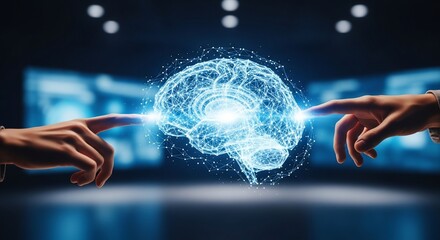 Innovative minds connecting through bright glowing brain interface showcase, sparking creativity and technology, idea generation in the digital age