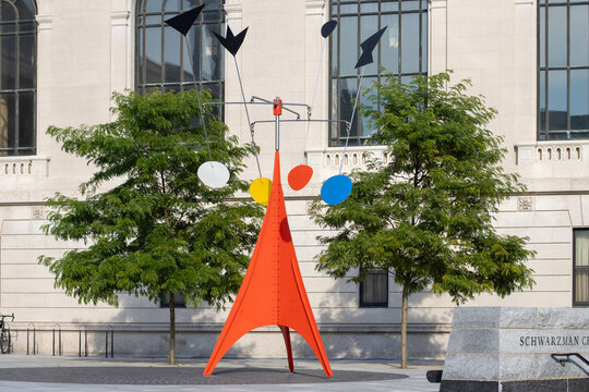 New Haven, CT, USA - July 1, 2022: Alexander Calder's monumental 1960 sculpture Gallows and Lollipops, displayed outside the Schwarzman Center in Yale University's Hewitt Quadrangle.