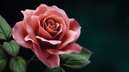 Fototapeta premium A gorgeous pink rose with delicate petals and vibrant green leaves is captured in stunning detail against a blurred, elegant dark green background, artfully staged.