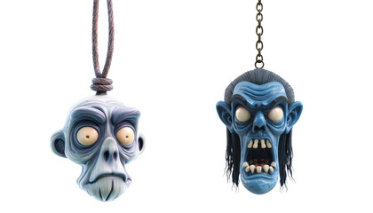 Happy halloween, 3D render Halloween-themed pendants featuring stylized isolated on transparency PNG background, cartoonish monster heads, Ideal for spooky designs, party invites