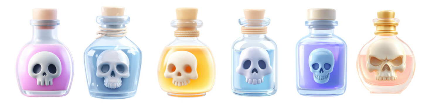 Happy halloween, 3D render Cartoon potion bottles with skull labels in various colors isolated on transparency PNG background, symbolizing magical elixirs or poisons