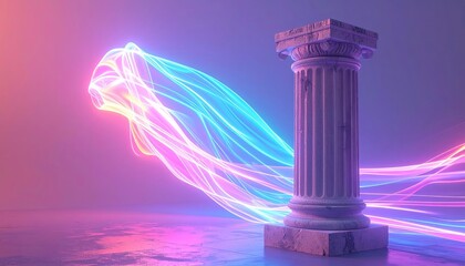 Classic architectural column stands prominently, illuminated by vibrant neon light trails that swirl and flow throughout the scene.