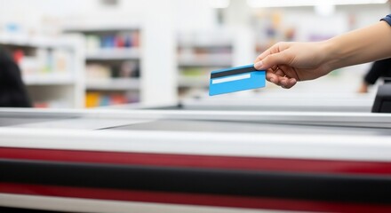Convenient cashless checkout with a blue credit card at the grocery store, simplifying modern shopping and promoting seamless retail experiences
