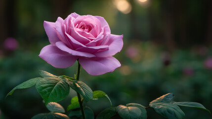 A single beautiful lavender rose blooms gracefully in a garden, its delicate petals unfurling to greet the warm sunlight, creating a peaceful and serene scene.