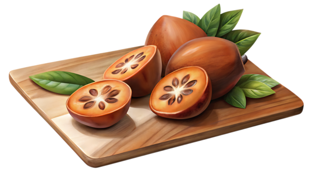 Several sapote fruits, some whole and some halved, arranged on a wooden cutting board with leaves, isolated on transparent background