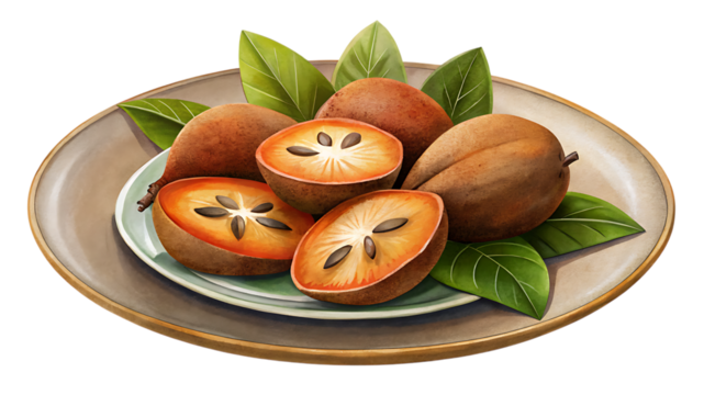 A collection of sapote fruits, whole and halved, presented on a plate with green leaves, isolated on transparent background - Powered by Adobe