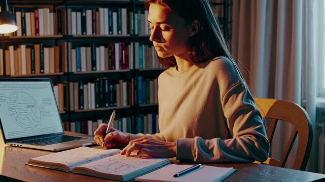 A focused woman studies at a desk, surrounded by books and a laptop. The side angle captures a cozy, studious atmosphere, ideal for an educational video.