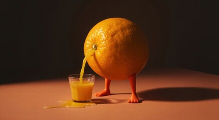 Whimsical Orange Juice Pouring: An orange stands upright with small legs, pouring fresh juice into a shot glass, and offering a refreshing artistic moment.