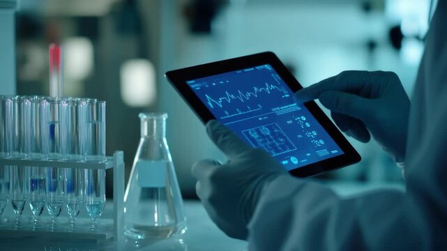 Hand of person holding tablet with blue screen displaying various medical statistics and data. - Powered by Adobe