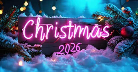Bright neon Christmas sign glows amidst winter foliage, snow. Festive illumination announces upcoming year celebrations.