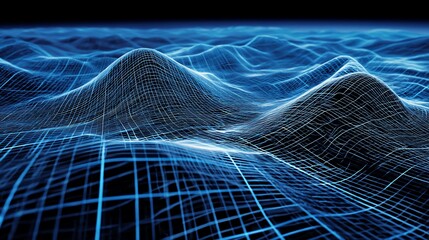 Abstract blue digital landscape with gridlines simulating mountains and valleys