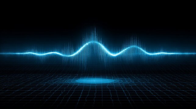 Abstract blue waveform on dark background representing sound frequency and technology