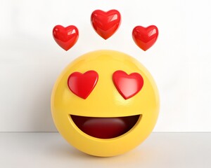 A yellow emoji with heart-shaped eyes and three red hearts floating above on a white background Keywords: emoji, love, hearts, yellow, face, emoticon, symbol, icon, character, digital