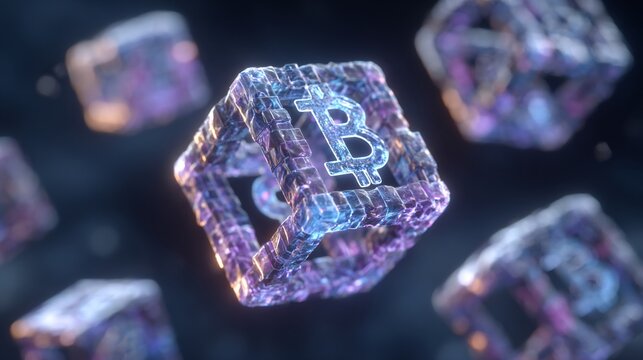 Abstract cryptocurrency bitcoin symbol in cube shape with futuristic design and lighting effects