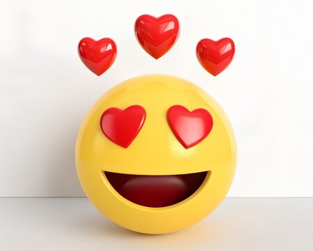 A yellow emoji with heart-shaped eyes and three red hearts floating above on a white background Keywords: emoji, love, hearts, yellow, face, emoticon, symbol, icon, character, digital
