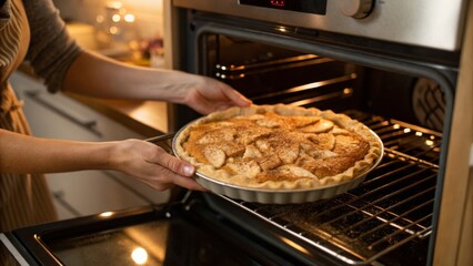 Woman pulls a hot apple pie out of the oven close up