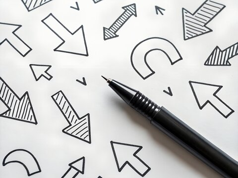 Black Pen on Paper with Hand- Drawn Arrows and Curved Lines Pointing in Various Directions choice decision