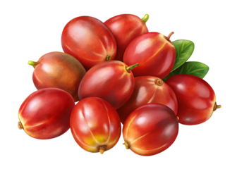 A pile of ripe red coffee cherries, isolated on transparent background, showcasing their vibrant color and fresh appearance, perfect for illustrating coffee production and agriculture