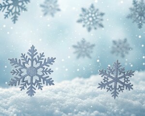Close-up of Sparkling Silver Snowflakes on a Snowy Surface with Soft Blue Bokeh winter christmas