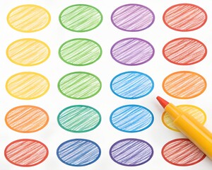 Colorful Oval Shapes Drawn with Felt Tip Pens on White Paper with Yellow Marker drawing