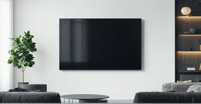 Large flat black tv off mounted on light wall in bright minimalist apartment
