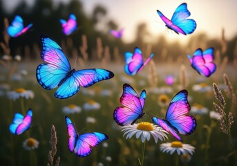 Vibrant blue and pink butterflies fluttering among wildflowers in a sunlit meadow during golden hour, showcasing natures beauty