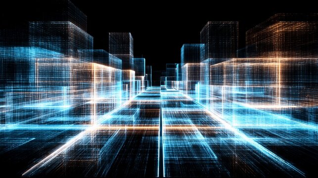 Abstract futuristic city design with glowing neon grid and transparent buildings