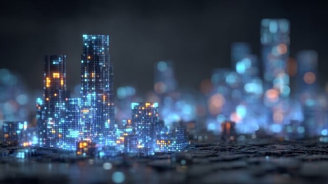Abstract futuristic digital city with glowing lights and data visualization representing