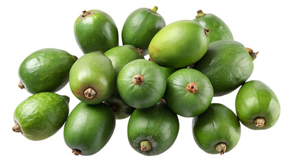 Obraz premium A large pile of fresh, green olives, some with stems, isolated on a clean transparent background