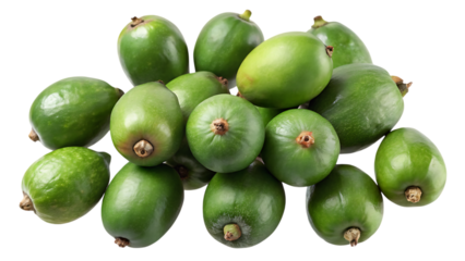 A large pile of fresh, green olives, some with stems, isolated on a clean transparent background