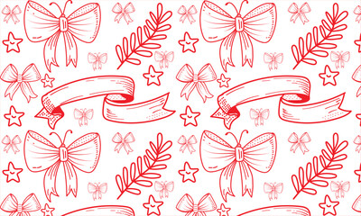 Seamless pattern of hand drawn pink bows ribbons and floral elements on a light background