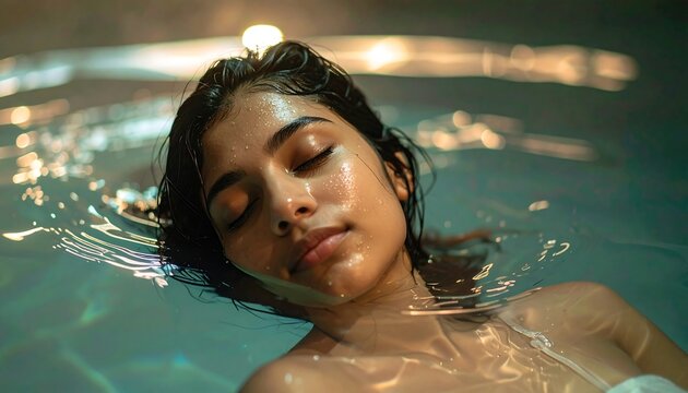 Woman floating serenely in pool at night