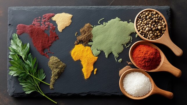 An artful arrangement showcasing a culinary map crafted from vibrant spices. Featuring an earthy base with colorful spices representing the continents on a dark stone slab and wooden spoons